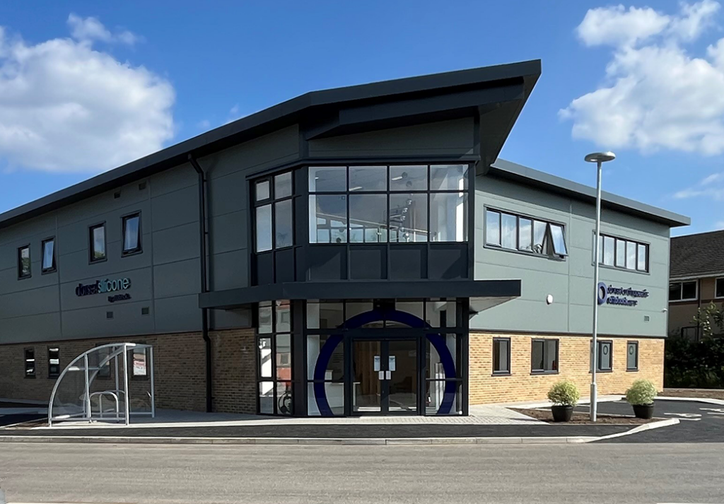 Exterior of building in Ringwood of the new Dorset Orthopaedic healthacre facilities and new fit out office space, design branding on the outside facade