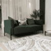 identity furniture uk manufactured green fabric iona sofa two person with throw cushions and plush trendy rug, interiro design for commerical offices