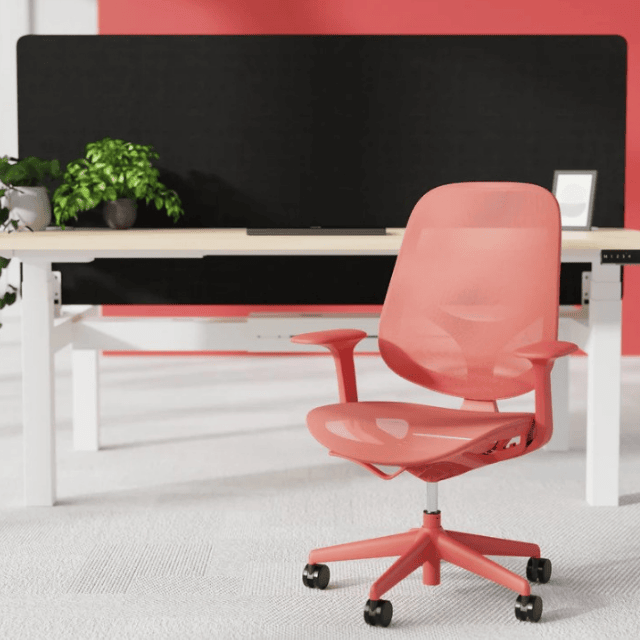Dynamic seating Tutti mesh chair in coral front facing in front of a desk with decorative plants and a dividing screen in an office environment