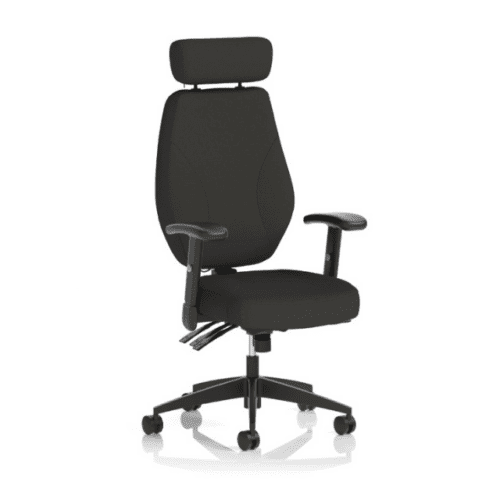 Nexus High Back Black Fabric Ergonomic Task Operator Office Chair with Arms and Headrest left facing on a white background