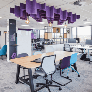 purple grid ceiling lattice acoustic panel suspended from ceiling above collaborative oak and black table