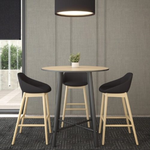 Serenity small round high bench in oak with chairs in a breakout area