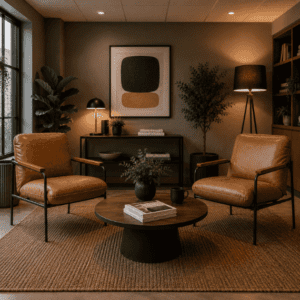 TC Group settle reception chair in pu brown finish, perfect for executive offices with feature coffee table