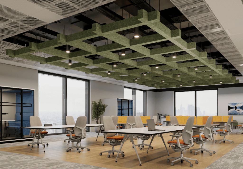 Suspended acoustic panels hanging above modern open-plan workstations, creating quiet work zones