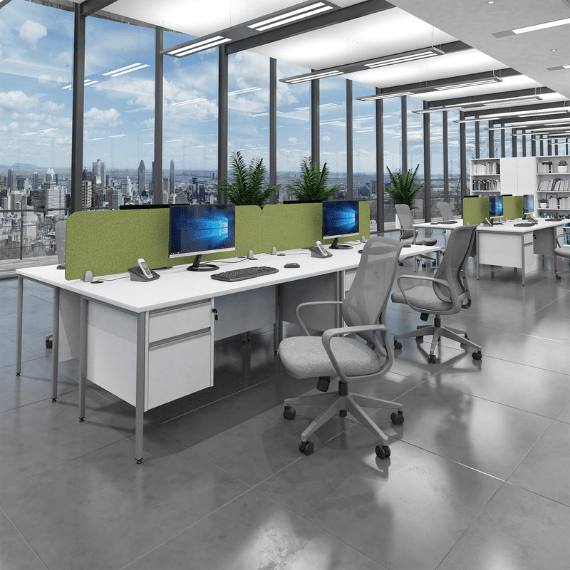 grey eva mesh chair in office setting with white and silver bench desks