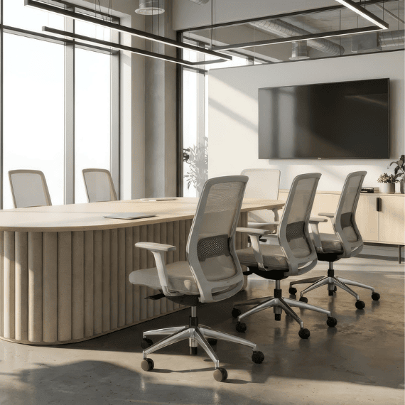 double d end reece meeting table from jdd furniture uk manufactured. with meeting mesh chairs on castors