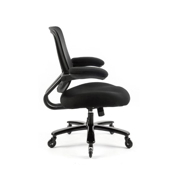 side view of reiki bariatric mesh chair with folding arms