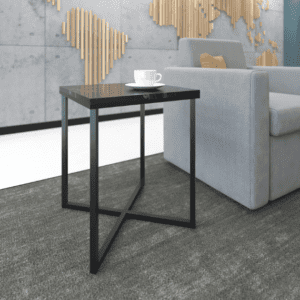 Siano Square Side Table – Front view: 450mm x 450mm matt black steel frame with bespoke Lotus MFC top in a modern reception setting.