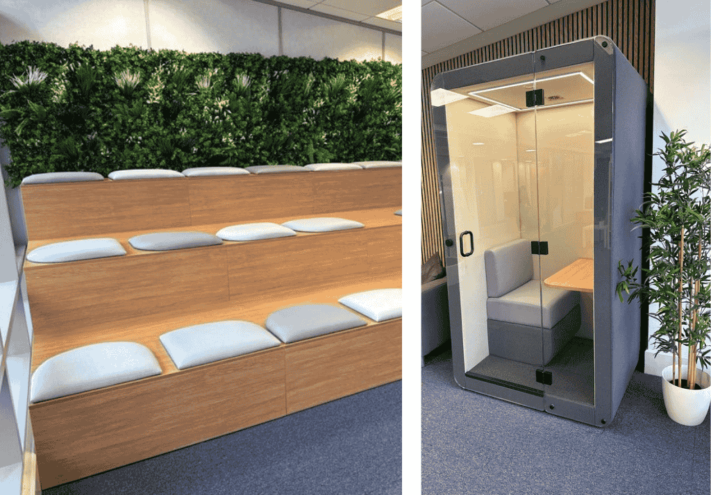 Penelope acoustic booth and bespoke Theo tiered seating installed in We Are Verve UK office