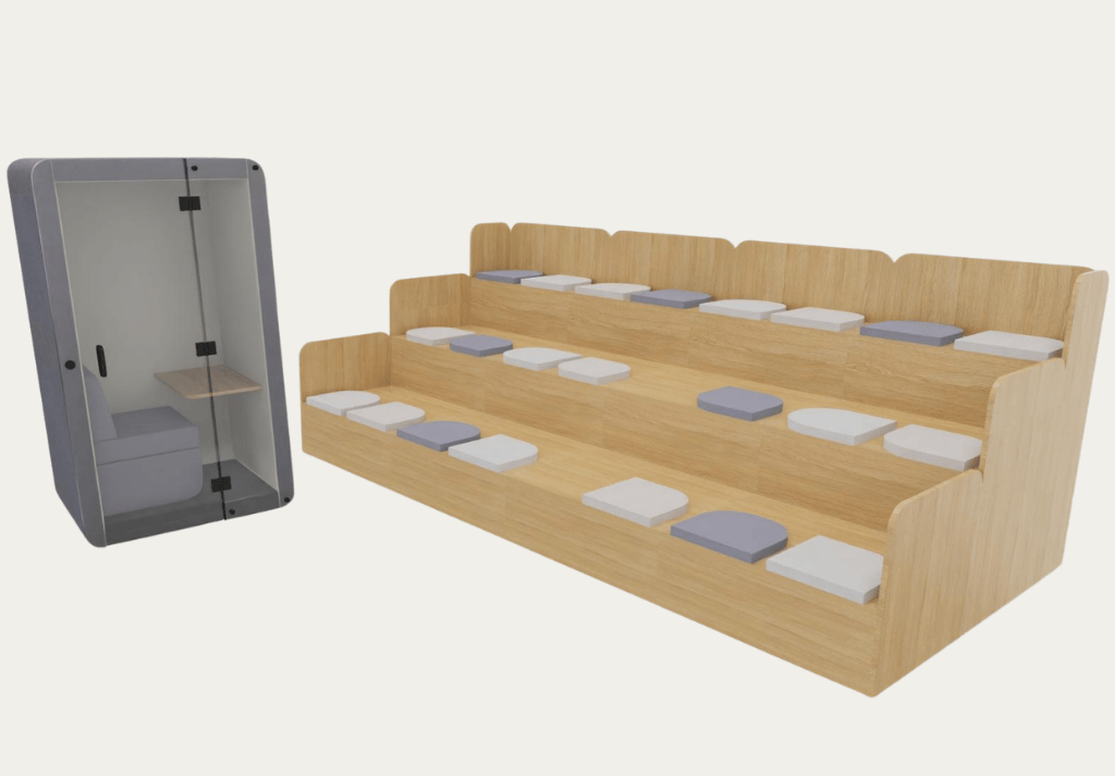 CGI render of acoustic phone booths in an office showing various finishes and layout options