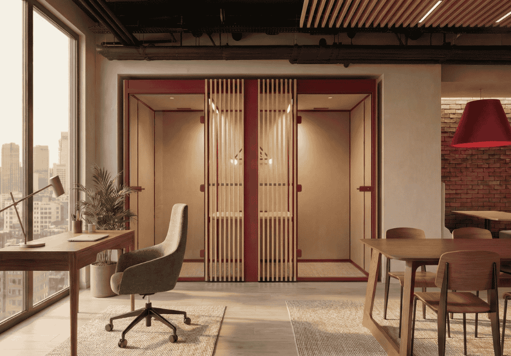 UK-manufactured acoustic phone booth providing quiet workspace for focused office tasks