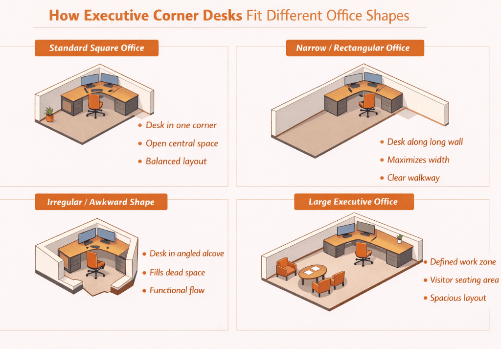 Infographic showing how executive corner desks fit different office shapes, including square, narrow, irregular, and large executive layouts, with examples of desk placement, space optimisation, and functional workspace zoning
