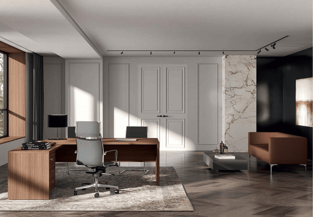 Executive office desk with integrated drawers and cable management in a minimalist office