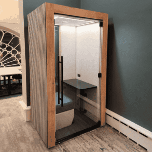 slatted design on the clara workpod with wooden detail and modern interior sound proof acoustic solutions