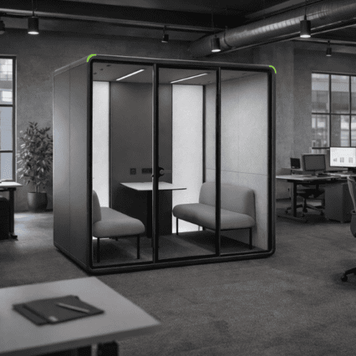 Zum office pod in dark grey office space surrounded by office furniture