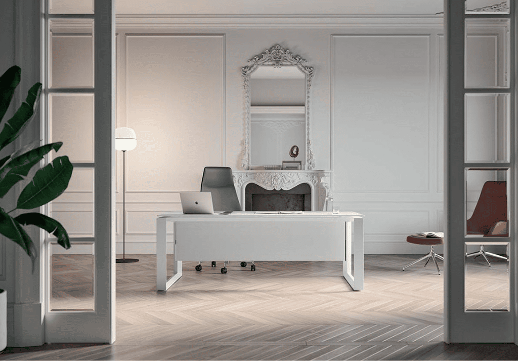 X7 Glass Executive Desk with white glass top and contemporary executive finish