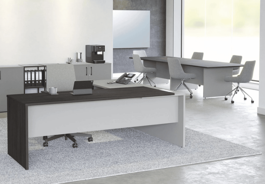 I Executive Desk with radial layout, integrated pedestal storage and wood finish