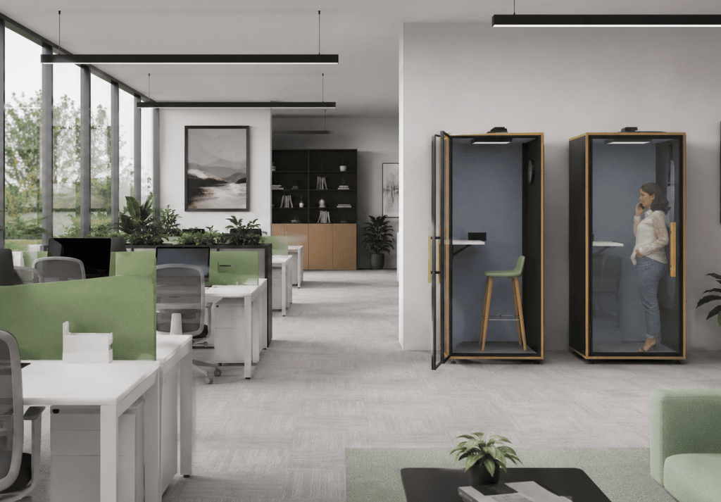 Retreat Telephone Booth soundproof pod with compact single-person design, oak trim detailing, integrated lighting and modern office finish