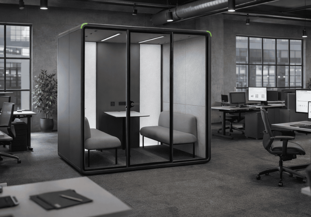Zum Office Pod with acoustic panels, integrated lighting, ventilation system and slate grey finish designed for private workspace use