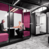 two person hush office pod in pink with glass frame edit