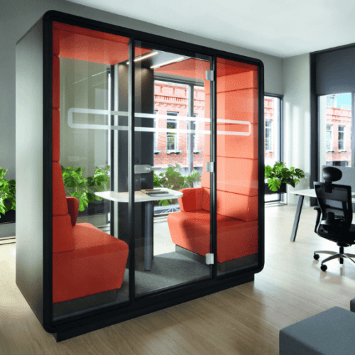 two person hush office pod in orange fabric with black exterior uk manufacturer