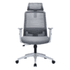 front view of the griseo mesh operator chair in grey from office interiors with headrest