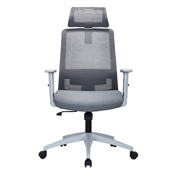front view of the griseo mesh operator chair in grey from office interiors with headrest