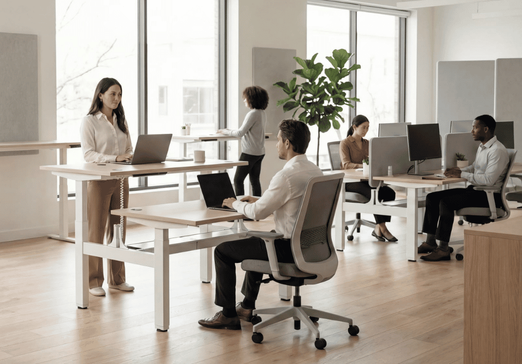 Height-adjustable sit-stand desk in ergonomic office