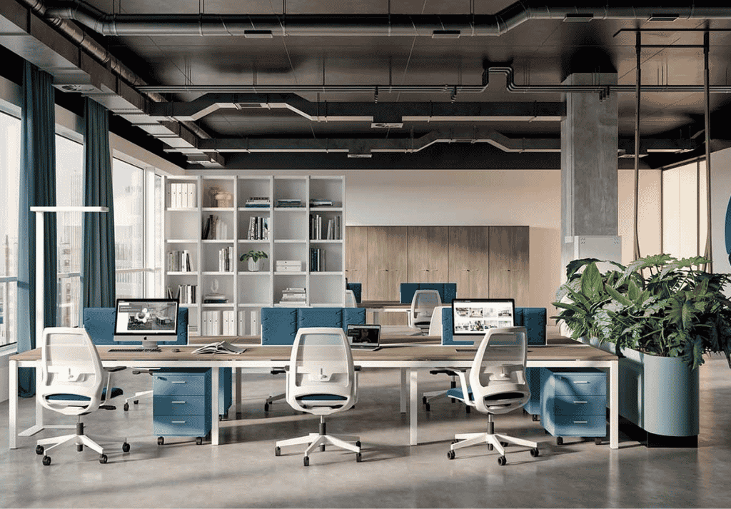 Modern open plan office with bench desks, employees working collaboratively in a bright, ergonomic workspace with natural lighting