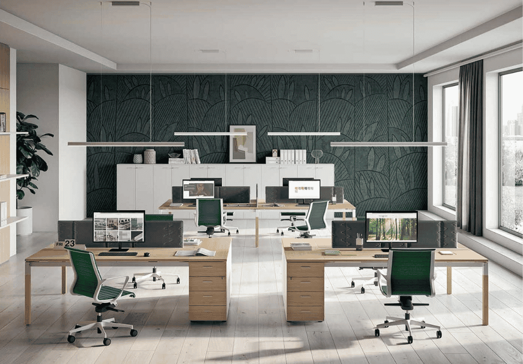 Office bench desk layout designed for collaborative working environments