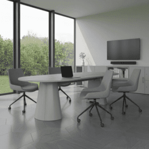 node boardroom table with meeting chairs on castors in green