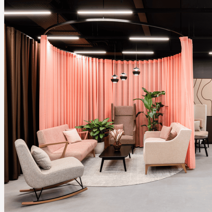 soft seating set up in the social spaces london showroom at 14 st johns lane