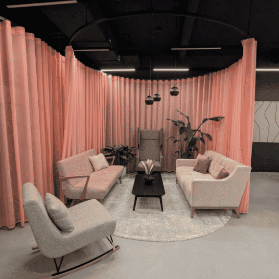 social spaces london showroom in clerkenwell with soft seating and feature coffee table with interior curtain