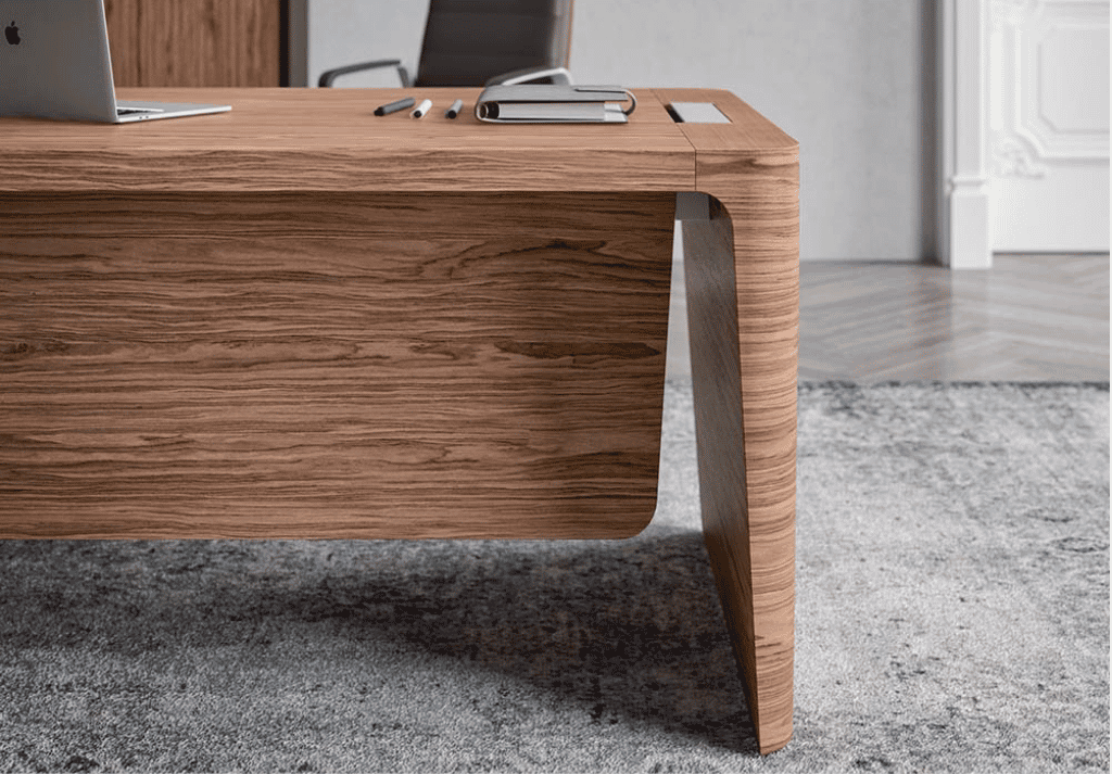 Signs of office desk durability including strong edge banding and quality joints