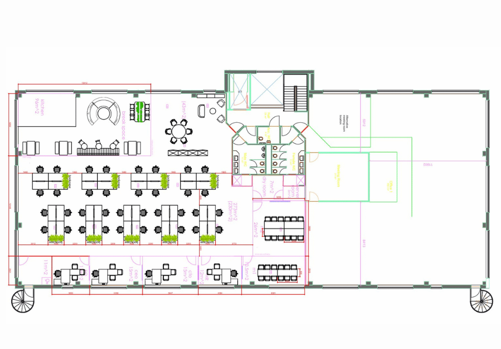 Office space measurement plan showing desk layout and workspace utilisation planning