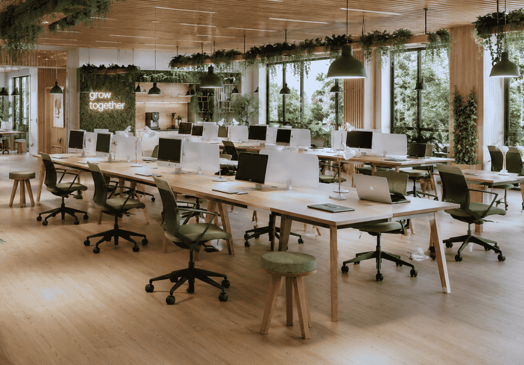 Modern office with bench desks arranged to maximise workspace efficiency
