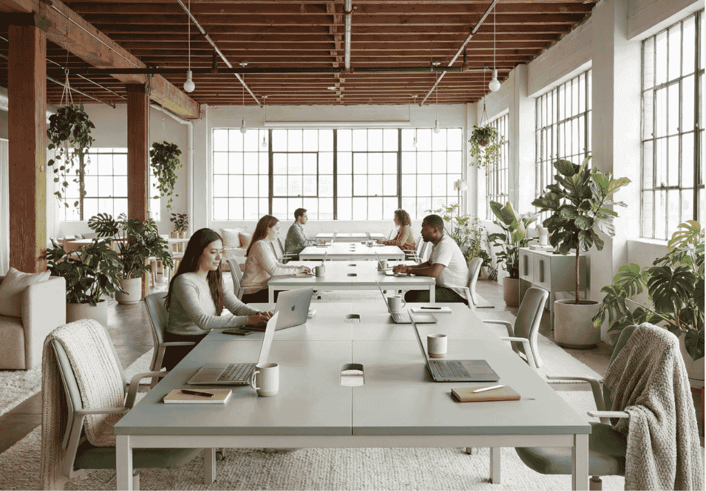 Modular bench desks and reconfigurable office furniture in a coworking space fit out designed for flexible working arrangements
