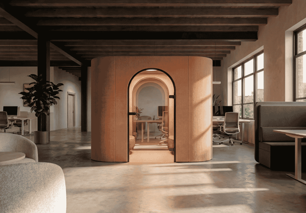 Acoustic office pods in a serviced office fit out providing private soundproof spaces for calls and focused work in a coworking environment