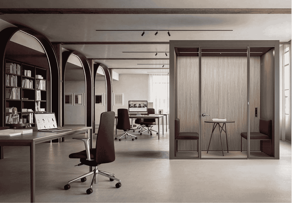 Flexible coworking space layout showing zoned hot desks, meeting rooms, and breakout areas in a modern serviced office fit out