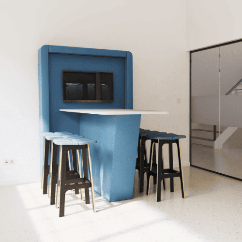 blue athena av table great meeting collabortaive area with high henry stools