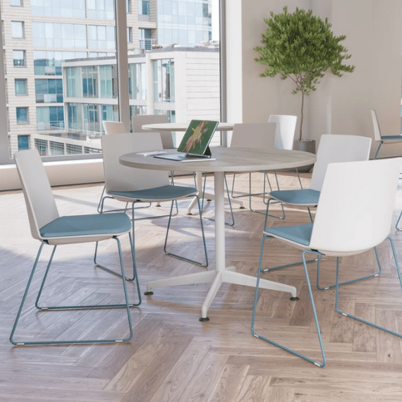 imperial axis cafe tabkle in dovetail with white base with cafe chairs