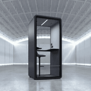 office interiors zum telehone booth in open white room, with high stool ib black with feature led lighting