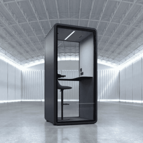 office interiors zum telehone booth in open white room, with high stool ib black with feature led lighting