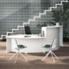front view of 120 degree low counter reception glass desk in white with trendy visitor chairs, italian bespoke office design