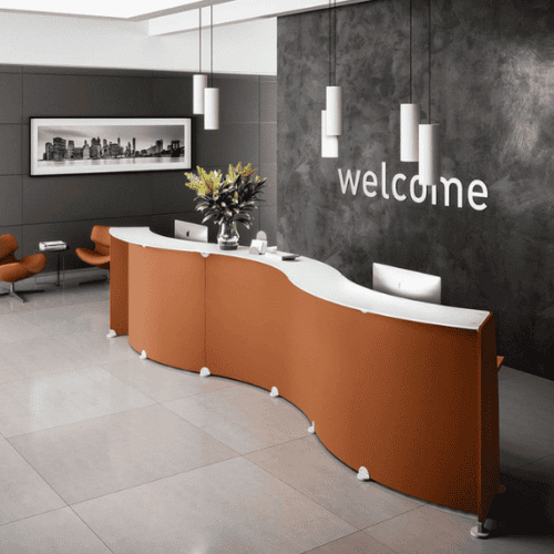 burnt orange front wave concave reception glass desk from quadrifoglio italian manufacturer