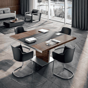 Modern executive meeting room with the X10 modular meeting table in premium wood finish, surrounded by stylish boardroom chairs.