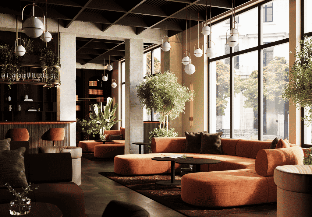 Commercial gym lounge furniture including modular seating, lounge chairs and coffee tables in a stylish fitness club lounge.