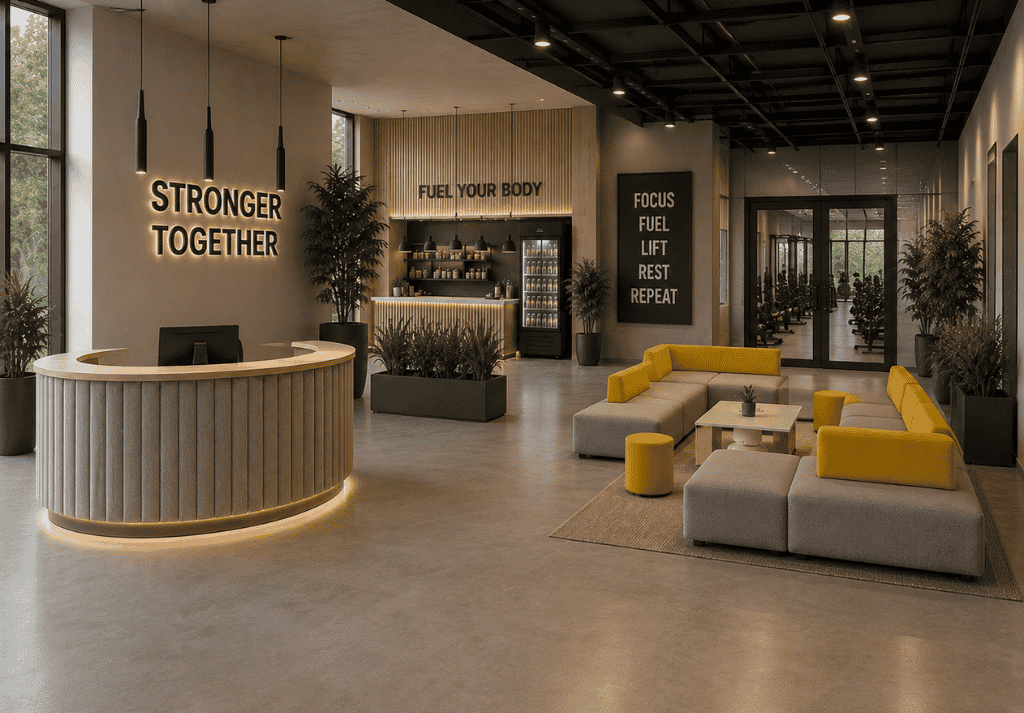 Contemporary gym lounge area with premium gym lounge furniture, reception seating and collaborative breakout space for members.
