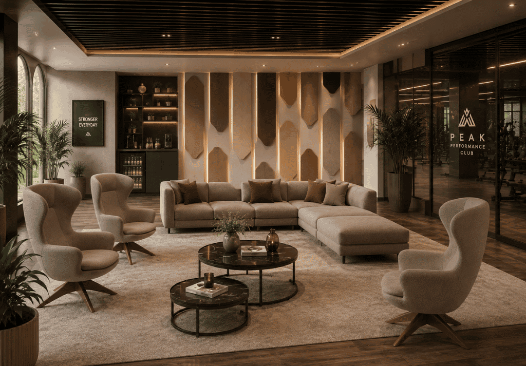 Modern gym lounge area with comfortable lounge chairs, soft seating and coffee tables in a contemporary fitness centre.