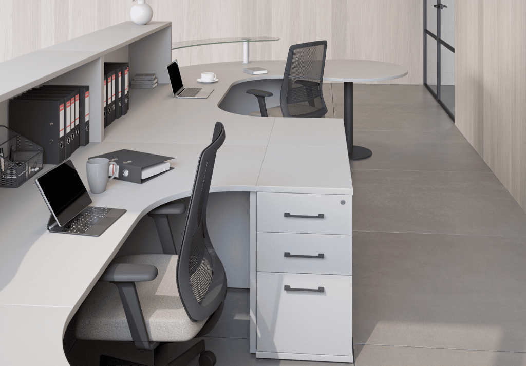 Commercial gym reception counter with integrated storage, durable worktop and modern design.